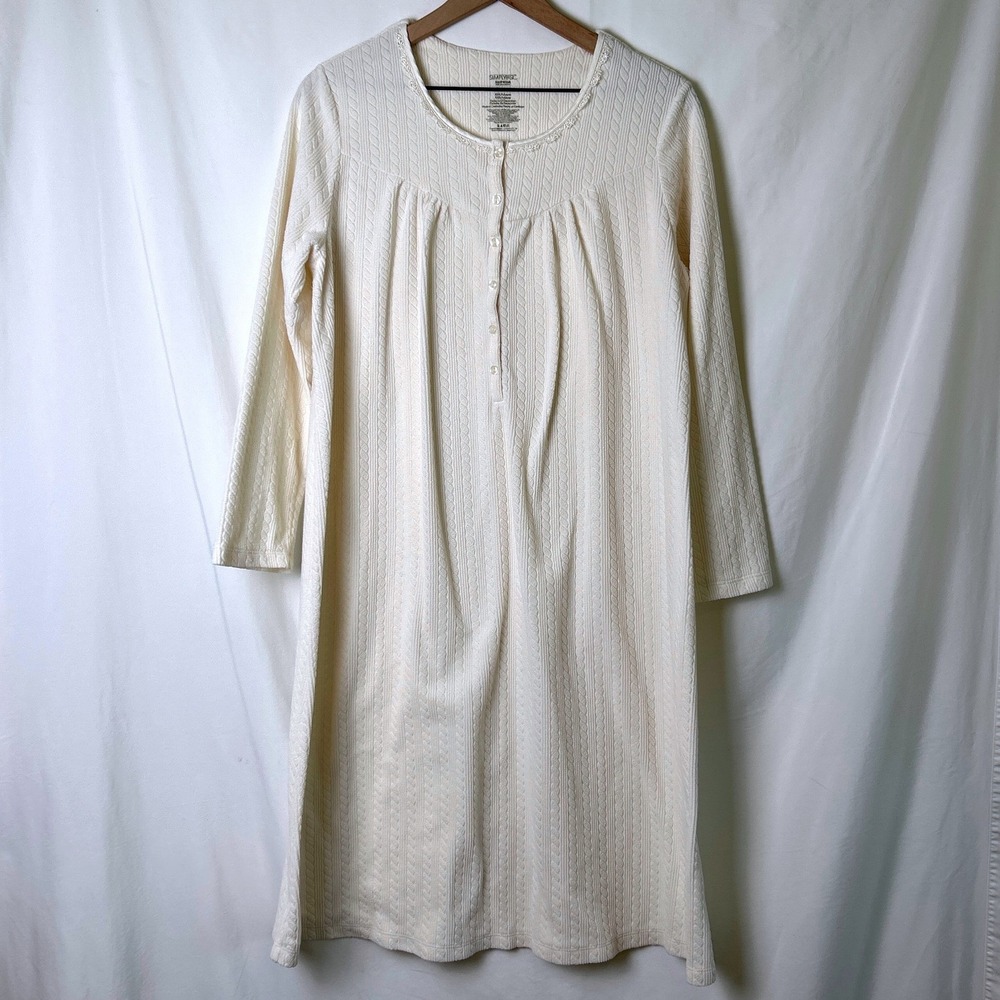 Simply Basic Womens Cable Knit Lace Trim Traditional Nightgown Size L Tusk Cream